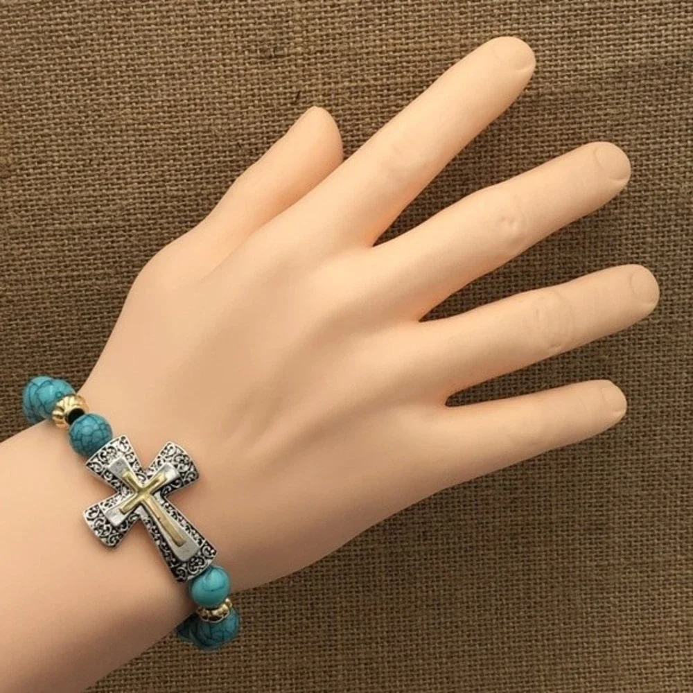 🌼 Turquoise Look Blue Beaded Sideways Cross Stretch Bracelet